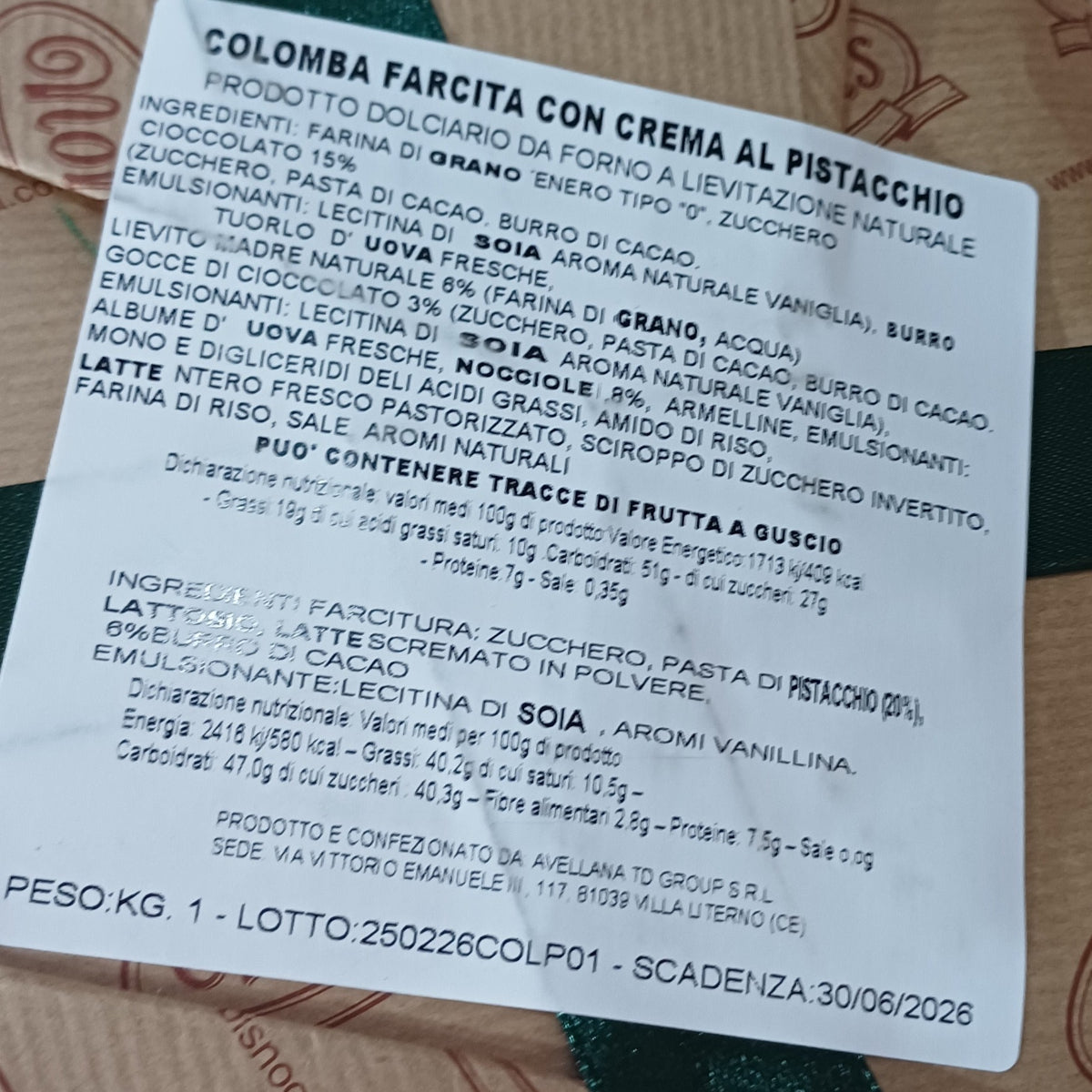 Colomba artigianale al Pistacchio 1kg Nobis