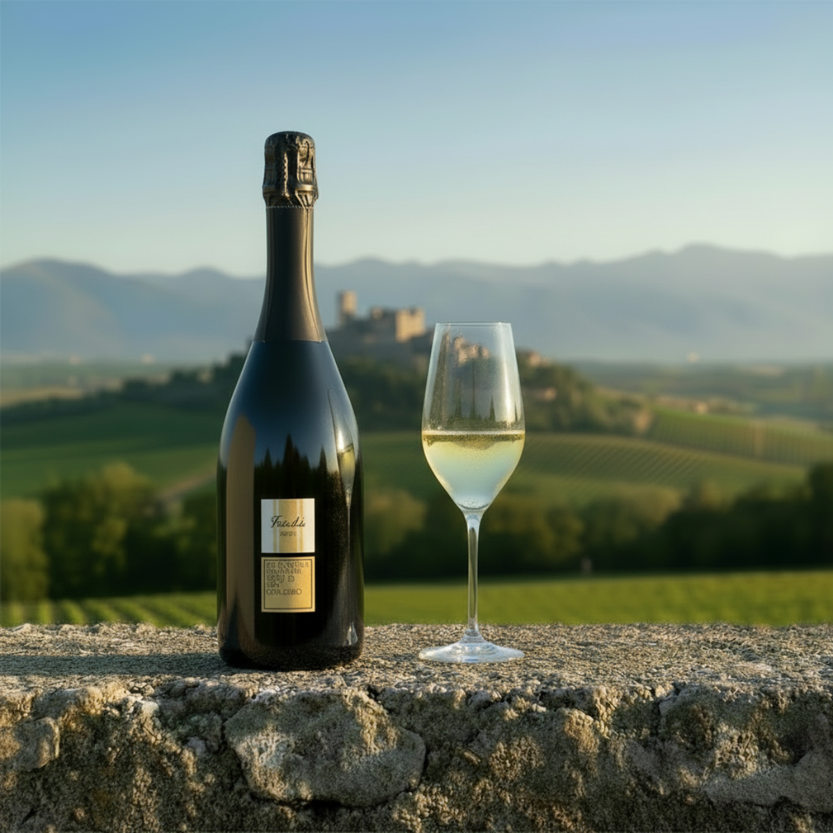 Falanghina Brut 1986 — bottiglia a sinistra, flûte a destra