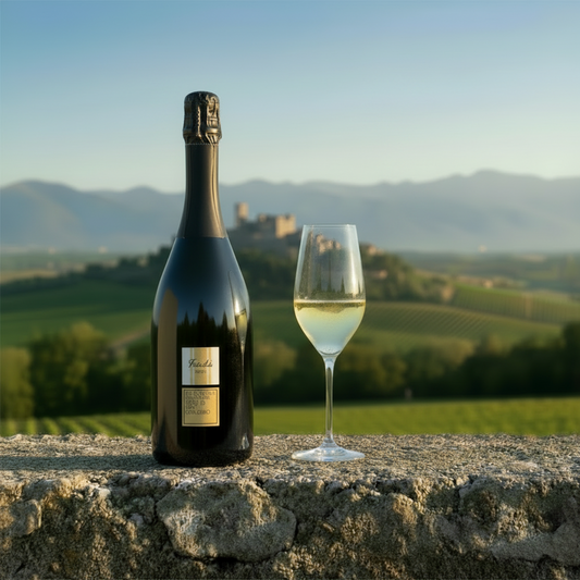Falanghina Brut 1986 — bottiglia a sinistra, flûte a destra