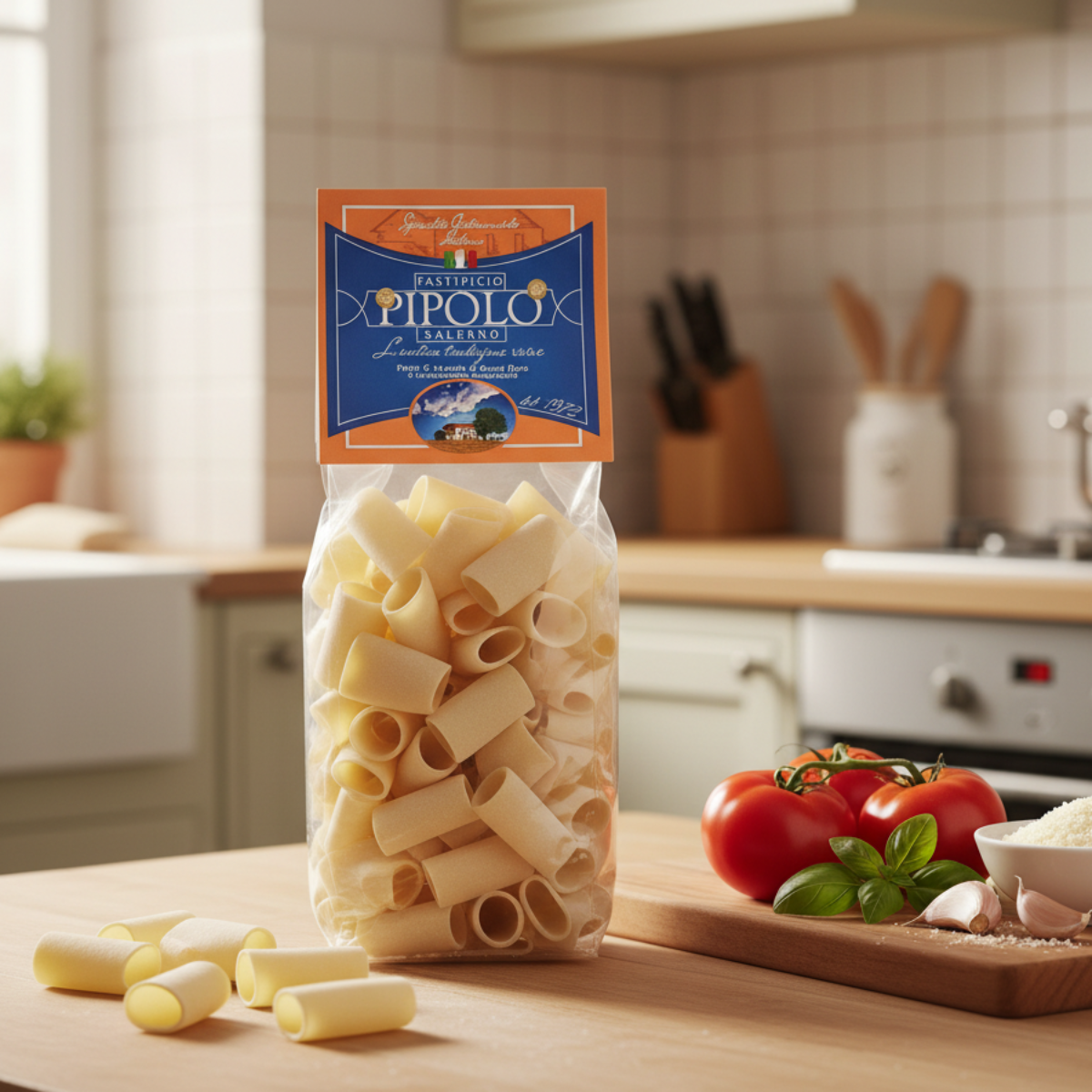 Confezione di Paccheri Trafilati al Bronzo Pipolo ambientata in una cucina italiana casalinga