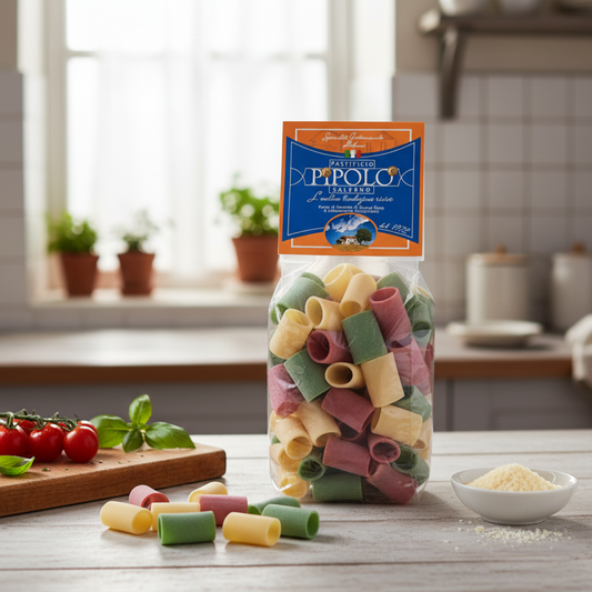 Confezione di Paccheri Tre Sapori Pipolo ambientata in una cucina italiana casalinga