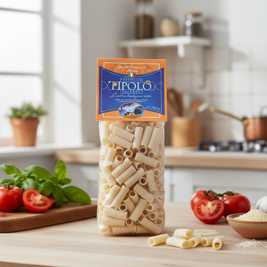 Confezione di Rigatoni Trafilati al Bronzo Pipolo ambientata in una cucina italiana casalinga