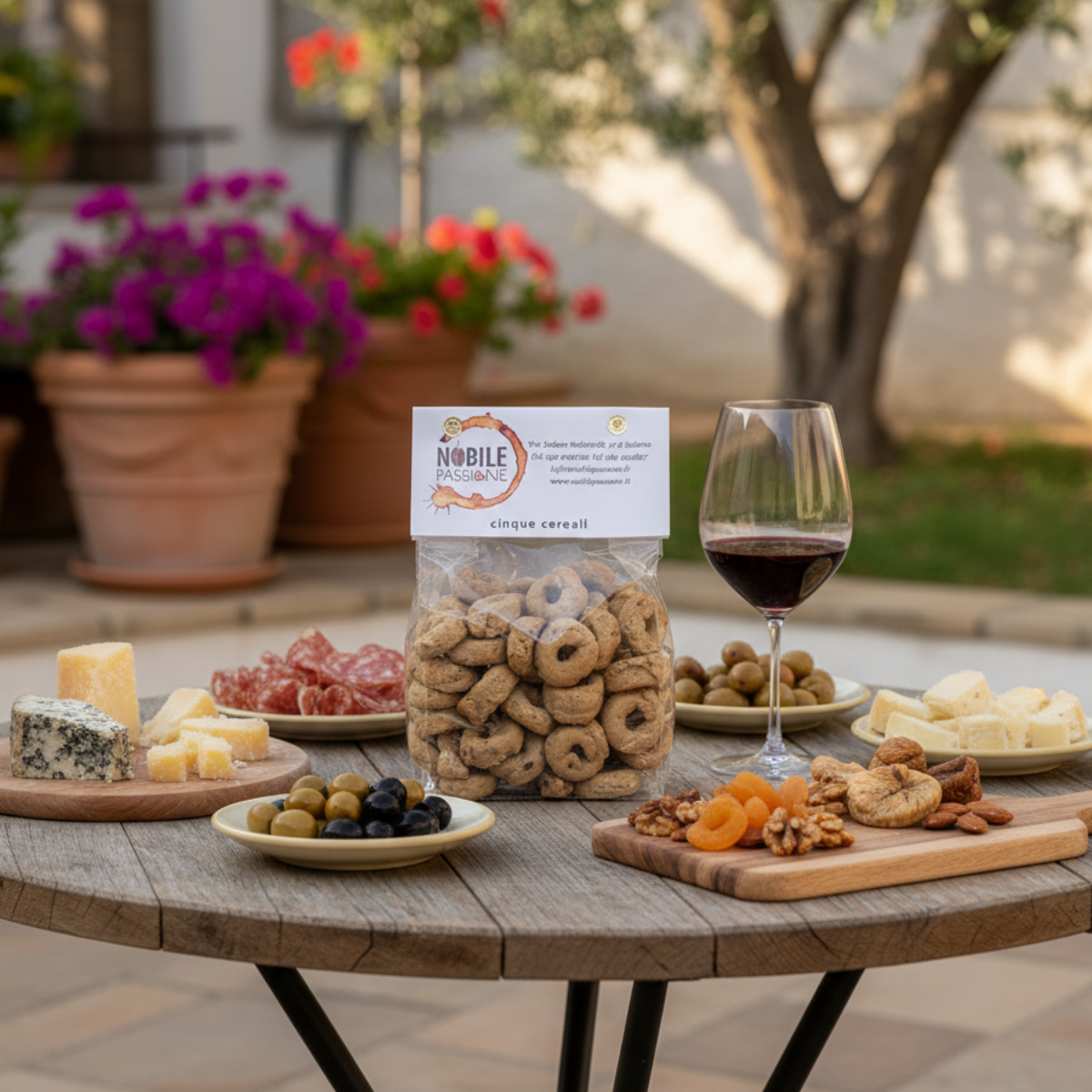 Tarallini ai 5 Cereali in ambientazione aperitivo con vino rosso