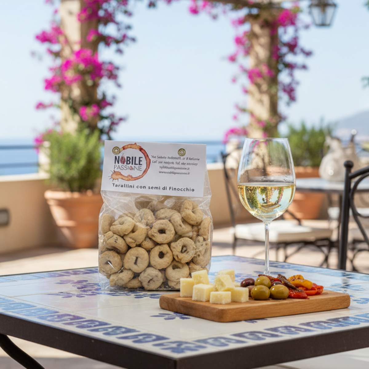 Tarallini al Finocchietto in ambientazione aperitivo con vino bianco